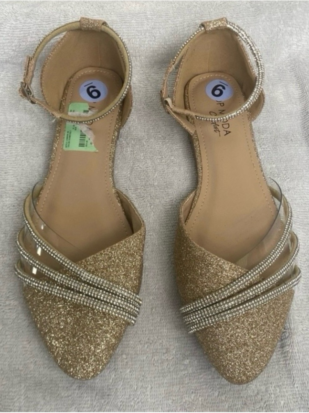 NWOT New Top Moda Womens Gold Glitter Almond Toe Ankle Strap Dorsey Flats Size 9